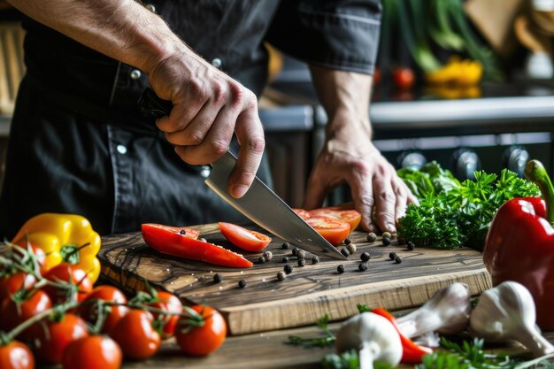 El chef cortando verduras sobre un fondo de madera