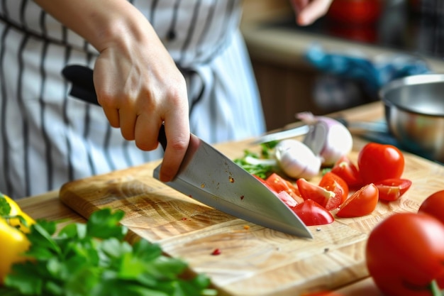 Foto el chef cortando verduras sobre un fondo de madera