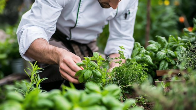 Foto un chef está cosechando hierbas frescas de un jardín está arrodillado en la cama del jardín y usando sus manos para recoger las hierbas