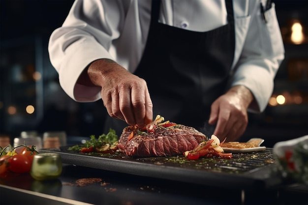 Chef cozinhando bife fresco e saborosa carne bovina gerada por IA