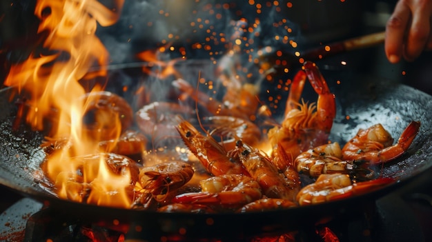 Chef cozinhando camarões com vegetais misturados em panela de fritura em close-up Camarões no fogo jogando-os na panela Restaurante conceito de comida Marisco