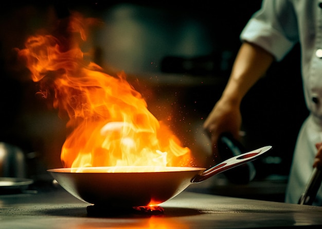 Chef cozinhando com chama em uma frigideira em um fogão de cozinha Chef em cozinha de restaurante em fogão com panela