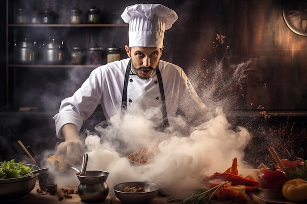 Chef cozinhando com muita fumaça