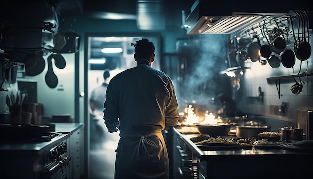 Chef cozinhando comida na cozinha em uma IA generativa de restaurante comercial de design moderno