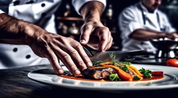 Foto chef cozinhando comida no restaurante chef preparando comida close-up do chef na cozinha