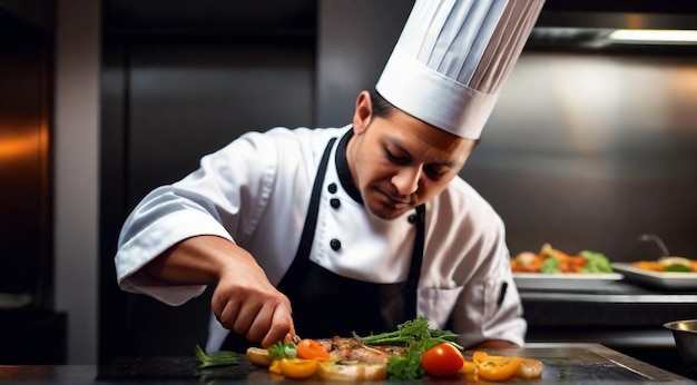 Foto chef cozinhando comida no restaurante chef preparando comida close-up do chef na cozinha