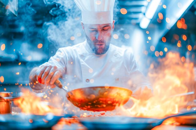 Foto chef cozinhando prato flambe em cozinha profissional