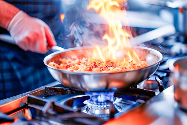 Foto chef cozinhando prato flambe em cozinha profissional