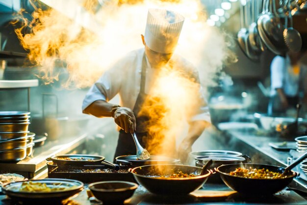 Foto chef cozinhando prato flambe em cozinha profissional