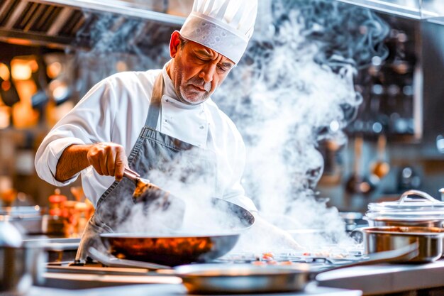 Foto chef cozinhando prato flambe em cozinha profissional