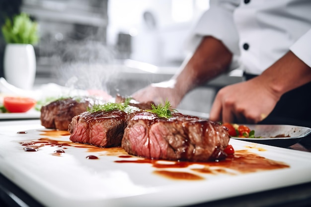 Chef cozinhar carne de bife no prato na cozinha branca