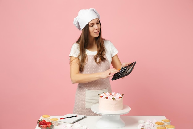 Chef cozinheiro confeiteiro ou padeiro em camiseta branca de avental, chapéu de chefs de toque cozinhar bolo ou cupcake na mesa segure a calculadora isolada no fundo rosa pastel no estúdio. Mock up conceito de comida de espaço de cópia.