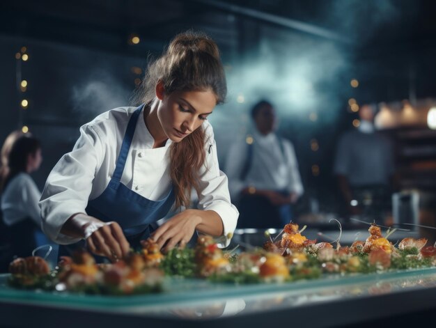 Foto una chef crea obras maestras culinarias en una cocina bulliciosa