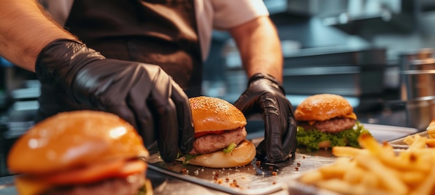 Chef criando hambúrgueres de carne para encomendas de comida para levar em restaurante de fast food