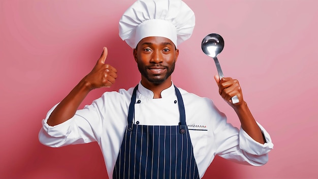 un chef con una cuchara en la mano y la palabra chef en el frente