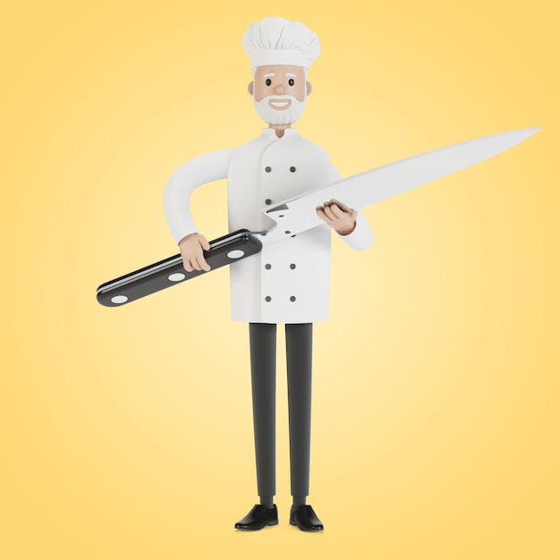 Chef con un cuchillo grande. Ilustración 3D en estilo de dibujos animados.