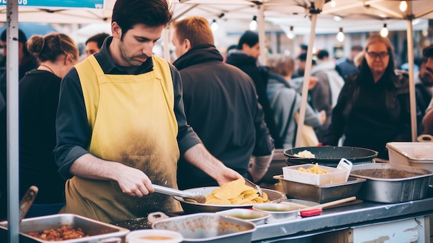 Un chef le da tacos a un hombre en un mercado de comida callejera