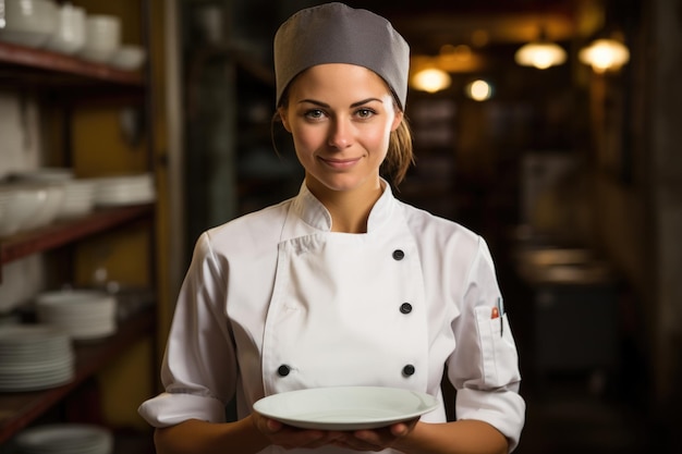 Chef de 35 anos com chapéu e avental de chef.