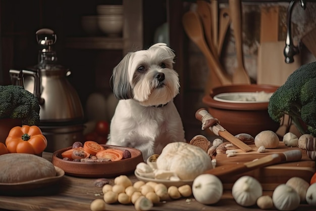 Chef de cachorro com ingredientes preparando banquete para amigo peludo