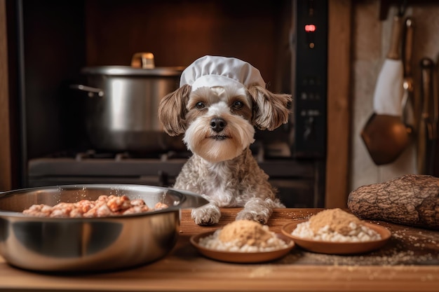 Chef de cachorro com tigela de comida de cachorro recém-cozida e temperada a bordo em cozinha quente e aconchegante