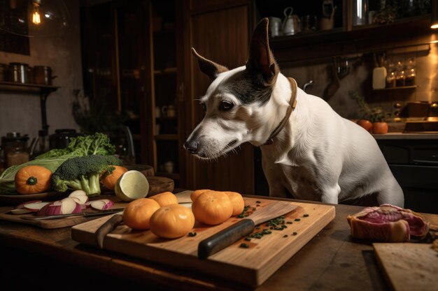 Foto chef de cachorro preparando banquete à base de vegetais na placa de madeira