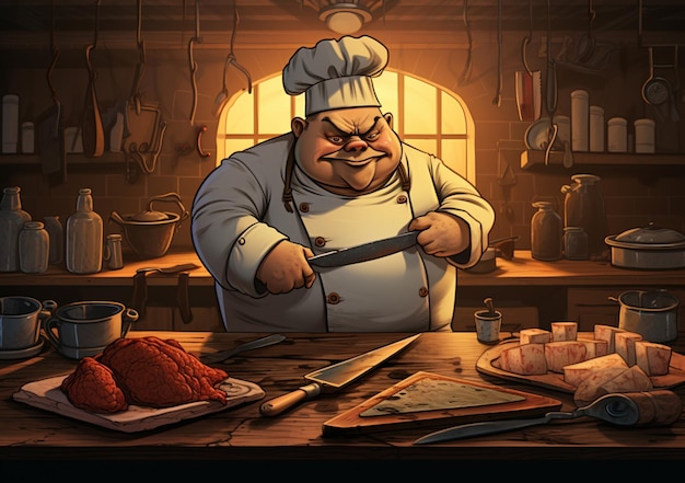 chef de desenho animado em uma cozinha com carne e uma faca geradora de IA