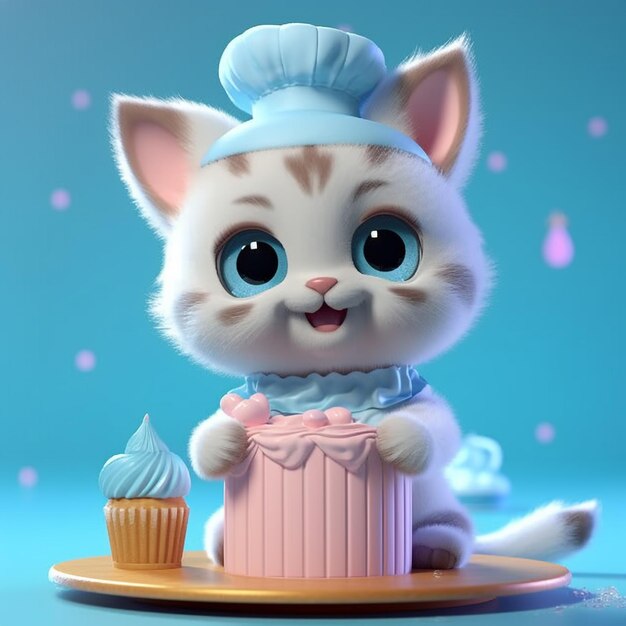 Chef de gatinho de animação 3D fazendo um bolo com fundo pastel azul