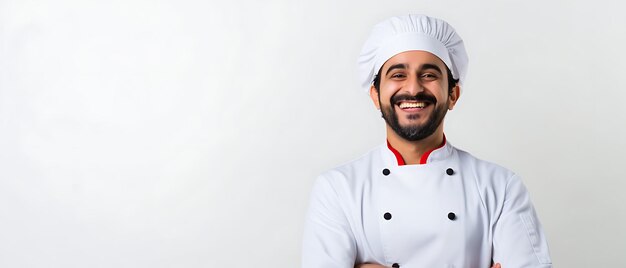 Chef de homem feliz vestindo uniforme e boné com espaço de cópia para texto