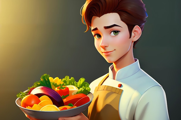 Chef de jovens homens bonitos segurando uma tigela de legumes AI