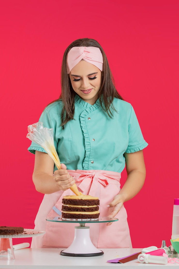 Foto chef de pastelaria bonito fazendo um delicioso bolo