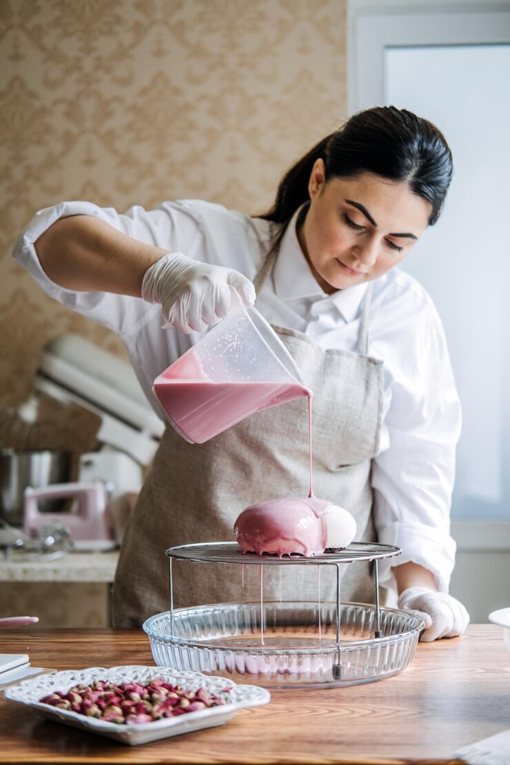 Foto chef de pastelaria de mulher árabe da ásia central fazendo bolo de mousse de esmalte espelhado feminino oriente médio