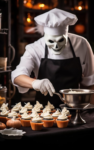 chef de pastelaria mascarado decorando cupcakes de halloween