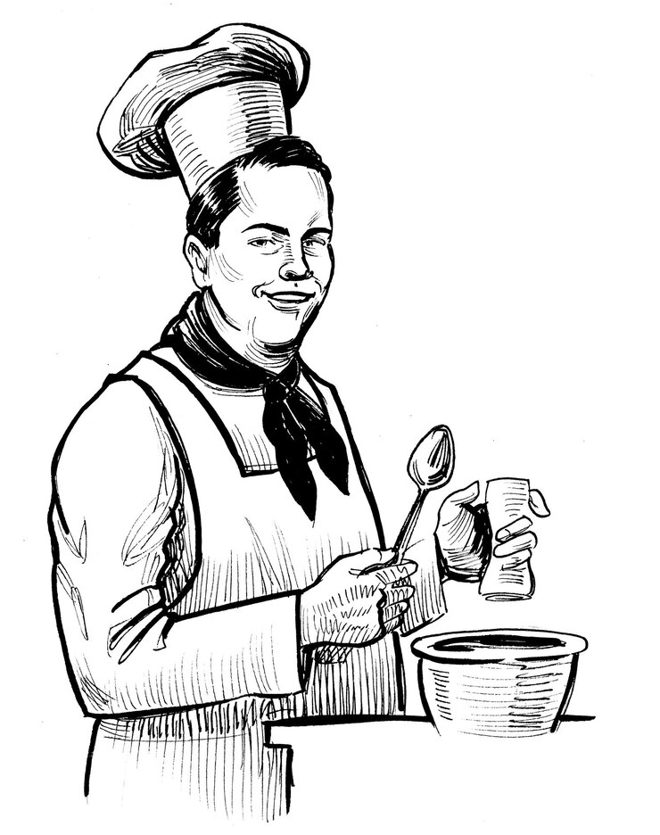 Foto chef de restaurante de cozinha. desenho de tinta preto e branco