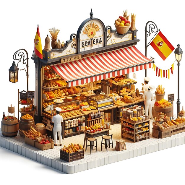 Chef de restaurante espanhol fundo cozinha espanhola comida modelo isométrico 3D