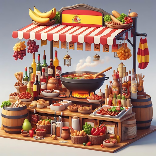 Chef de restaurante espanhol fundo cozinha espanhola comida modelo isométrico 3D