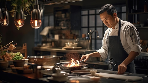 chef de restaurante está preparando comida dentro de sua cozinha no estilo cinza escuro e bronze claro