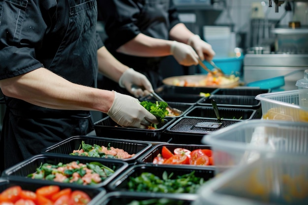 Foto chef de restaurante prepara e entrega alimentos em pratos descartáveis