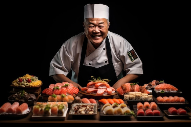 chef de sushi sorri ao lado de grandes quantidades de sushi e sashimi gerados