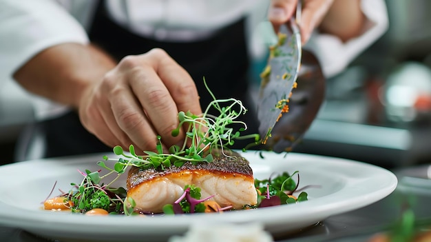 El chef decora el filete de pescado con hierba microverde