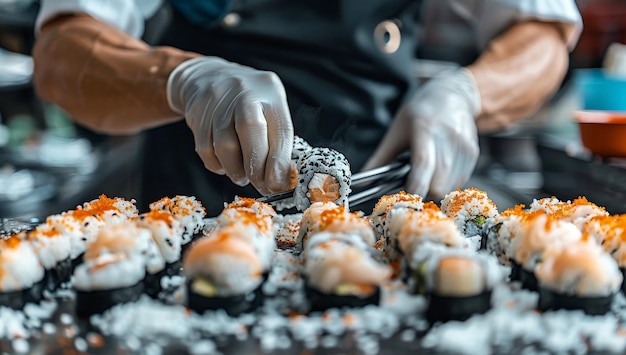 Foto el chef decora hábilmente el sushi en una cocina profesional