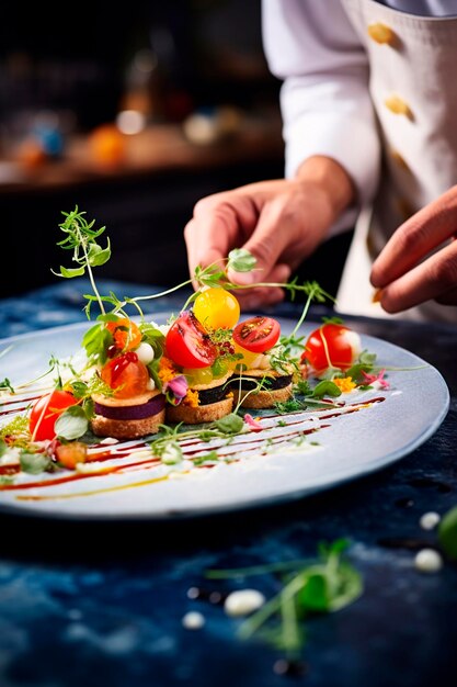 El chef decora el plato con hierbas y flores Alimentos de IA generativa