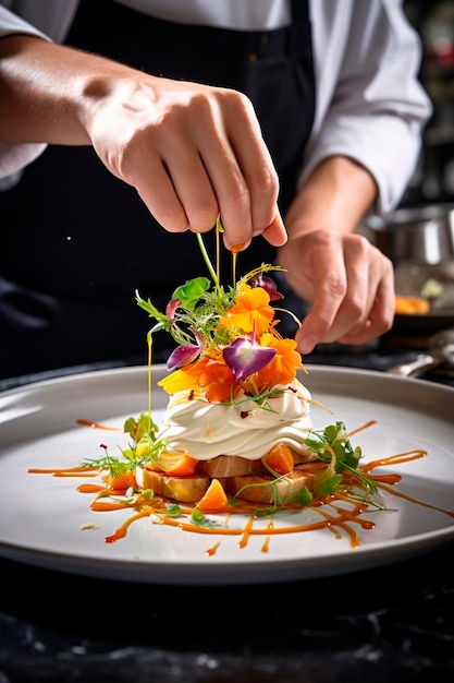 Foto el chef decora el plato con hierbas y flores alimentos de ia generativa