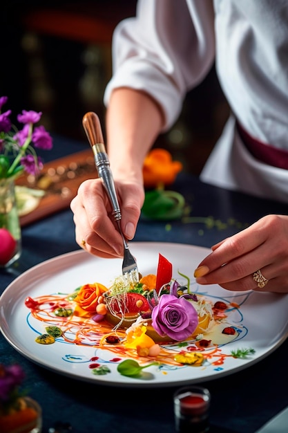 Foto el chef decora el plato con hierbas y flores alimentos de ia generativa