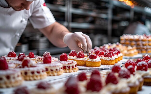 Foto chef decorando bolos com framboesas frescas na fabricação