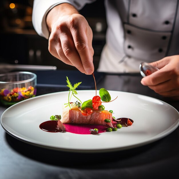 Foto chef decorando carpaccio de peixe em um prato branco em um restaurante