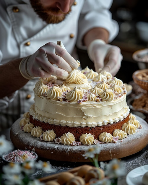 Un chef decorando una tarta Con un fondo intrincado