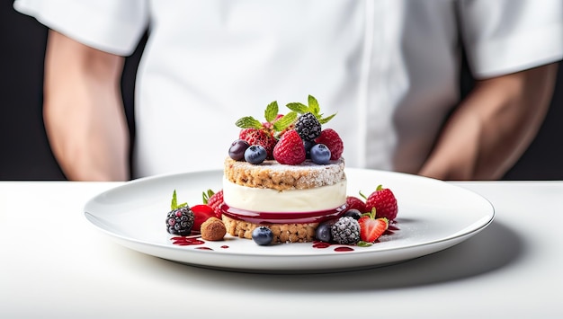 Chef decorando um bolo com frutas frescas em um prato branco