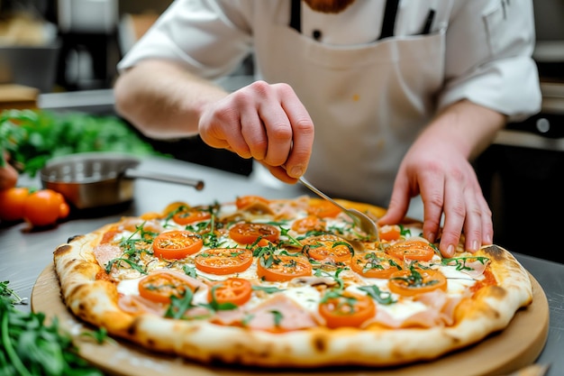 Un chef con un delantal blanco decora una pizza con tomates