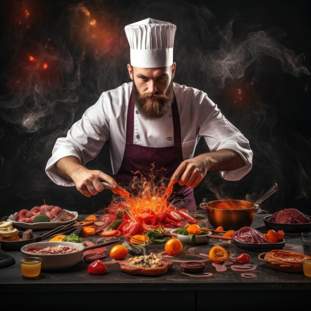 Foto chef con delantal y sombrero cocinando