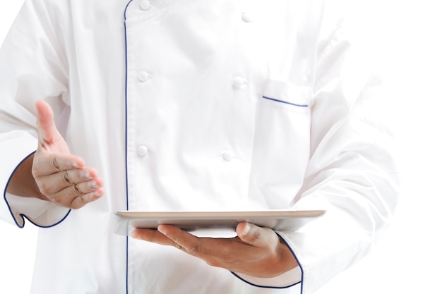 Chef, der digitale Tablette verwendet